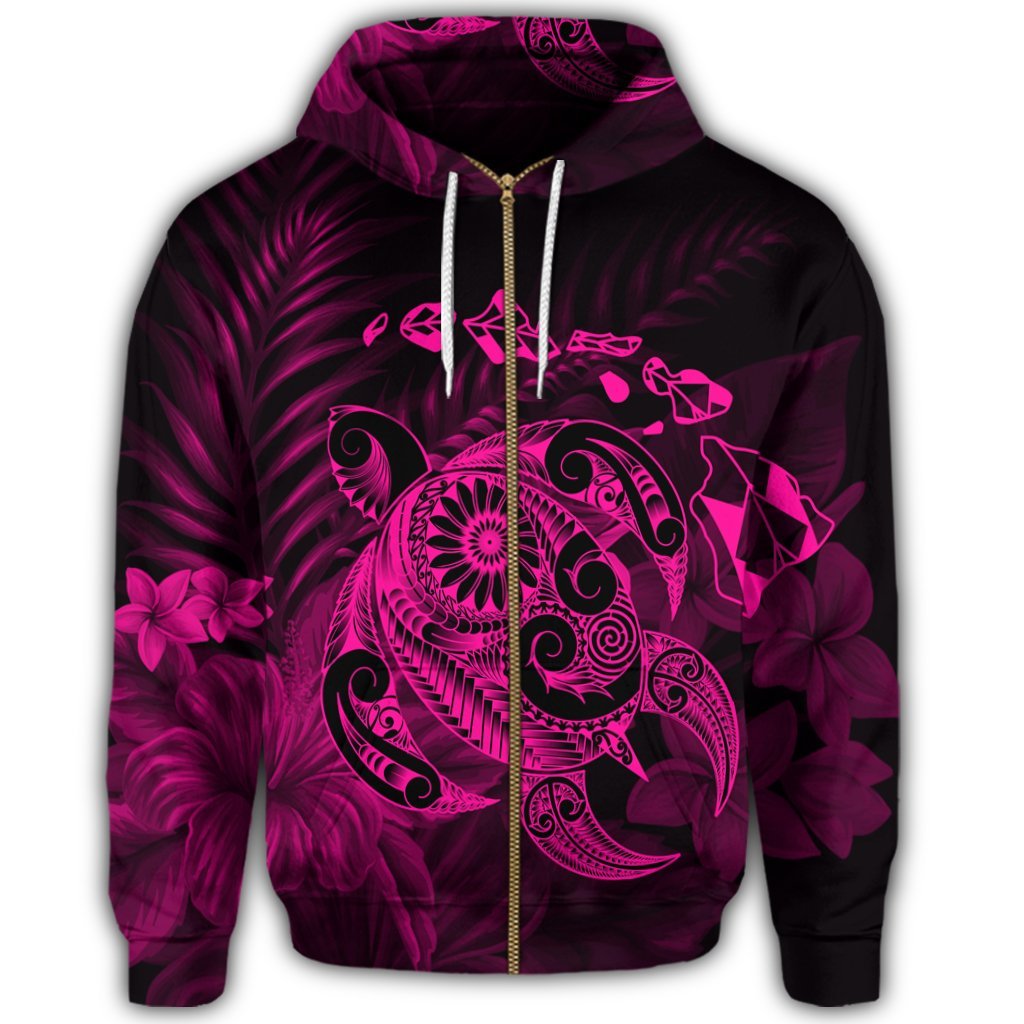 Hawaiian Map Turtle Tattoo Hibiscus Plumeria Polynesian Zip Hoodie Pink - Polynesian Pride