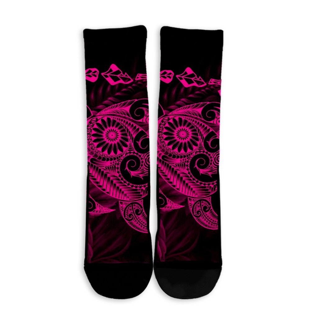Hawaiian Map Turtle Tattoo Hibiscus Plumeria Polynesian Crew Socks - Pink - AH - Polynesian Pride