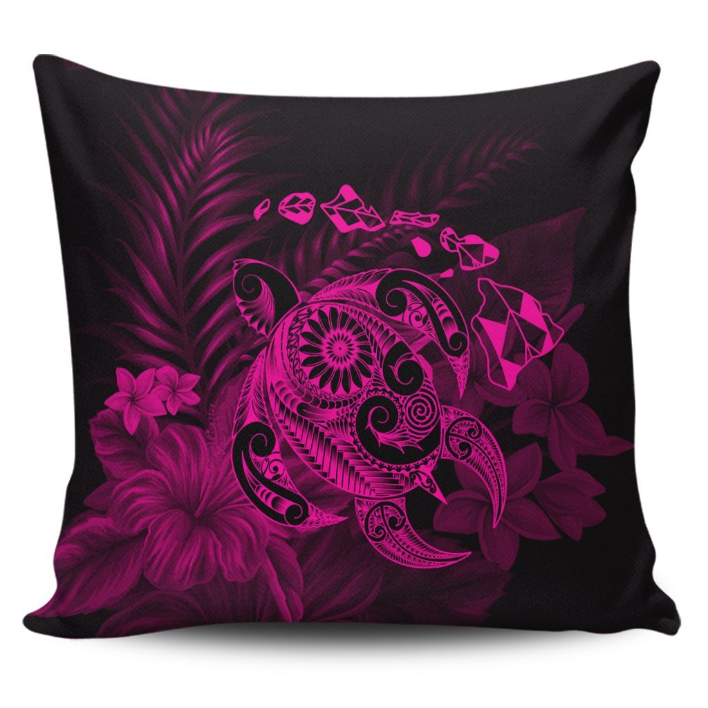 Hawaiian Map Turtle Tattoo Hibiscus Plumeria Polynesian Pillow Covers - Pink - AH Pillow Covers Black - Polynesian Pride