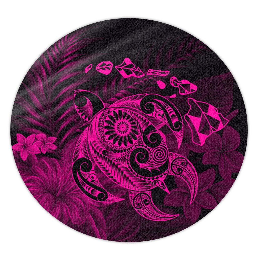 Hawaiian Map Turtle Tattoo Hibiscus Plumeria Polynesian Round Carpet - Pink - AH Round Carpet Luxurious Plush - Polynesian Pride