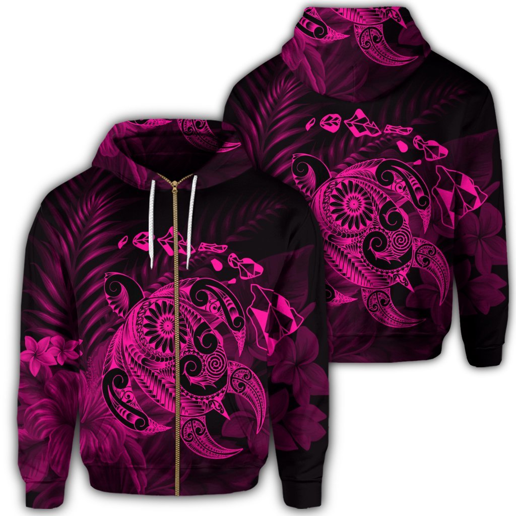 Hawaiian Map Turtle Tattoo Hibiscus Plumeria Polynesian Zip Hoodie Pink Unisex Art - Polynesian Pride