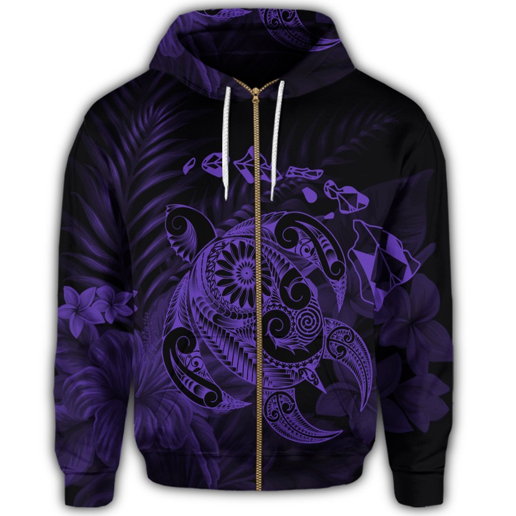 Hawaiian Map Turtle Tattoo Hibiscus Plumeria Polynesian Zip Hoodie Purple - Polynesian Pride
