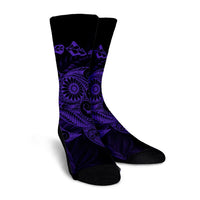 Hawaiian Map Turtle Tattoo Hibiscus Plumeria Polynesian Crew Socks - Purple - AH - Polynesian Pride