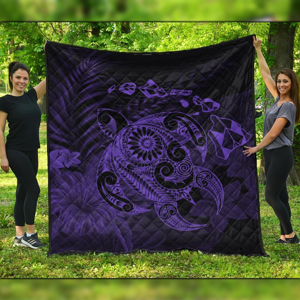 Hawaiian Map Turtle Tattoo Hibiscus Plumeria Polynesian Premium Quilts - Purple - AH Black - Polynesian Pride