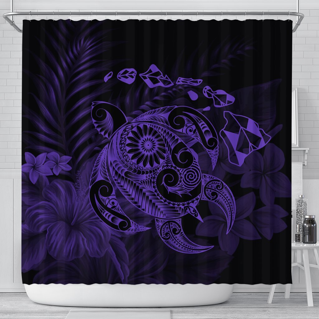 Hawaiian Map Turtle Tattoo Hibiscus Plumeria Polynesian Shower Curtain - Purple - AH 177 x 172 (cm) Black - Polynesian Pride