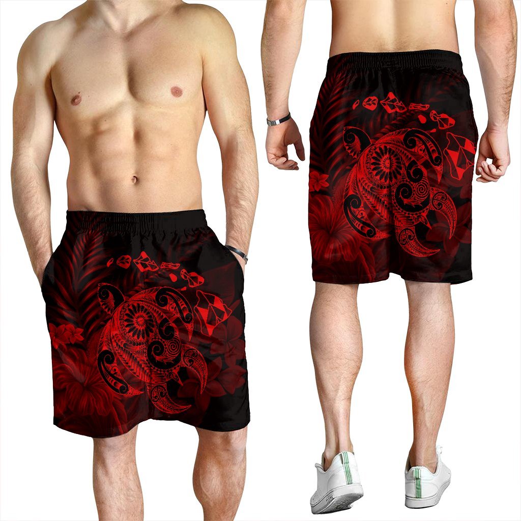 Hawaiian Map Turtle Tattoo Hibiscus Plumeria Polynesian Men's Shorts - Red - AH - Polynesian Pride