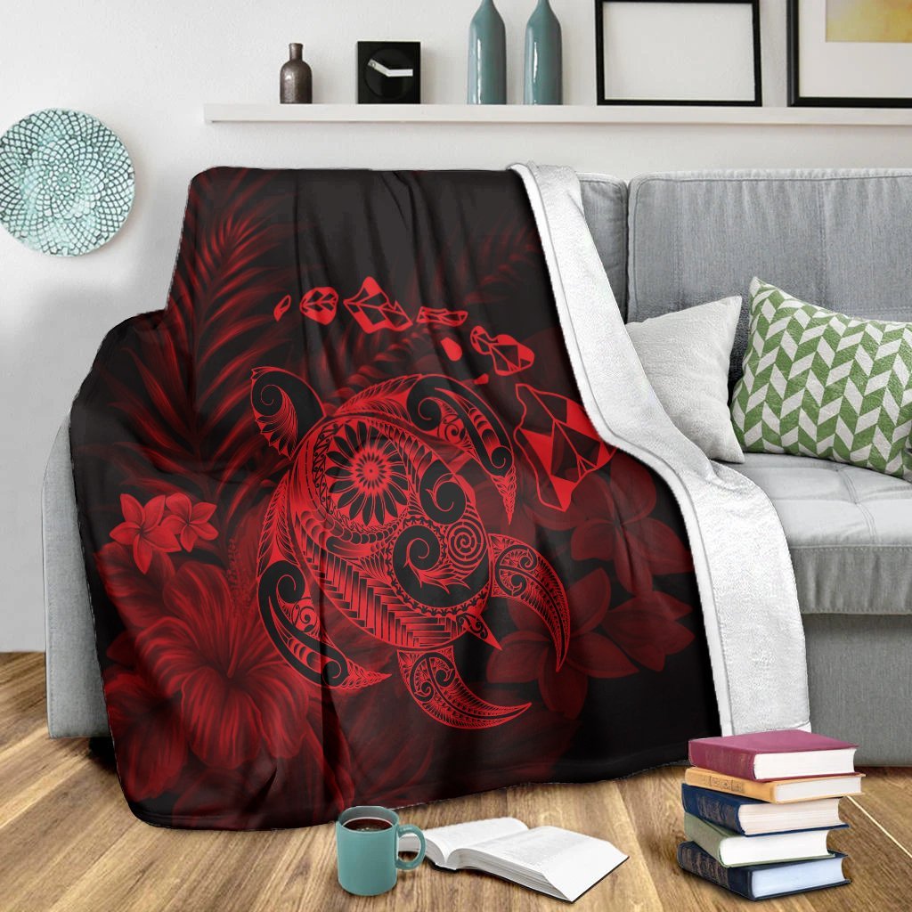 Hawaiian Map Turtle Tattoo Hibiscus Plumeria Polynesian Premium Blankets - Red - AH - Polynesian Pride