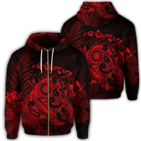 Hawaiian Map Turtle Tattoo Hibiscus Plumeria Polynesian Zip Hoodie Red Unisex Art - Polynesian Pride