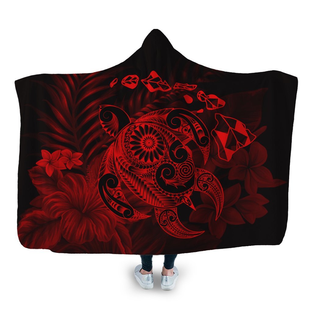 Hawaiian Map Turtle Tattoo Hibiscus Plumeria Polynesian Hooded Blanket - Red - AH Hooded Blanket White - Polynesian Pride