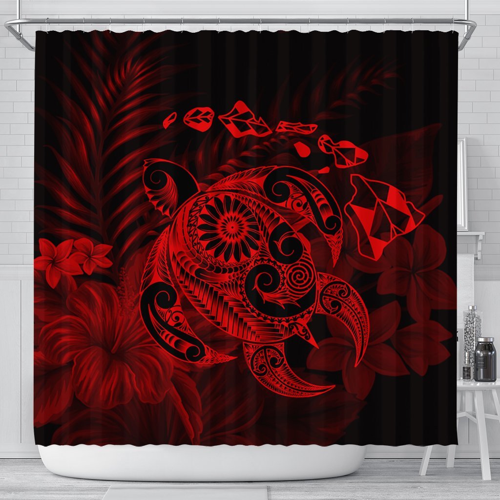 Hawaiian Map Turtle Tattoo Hibiscus Plumeria Polynesian Shower Curtain - Red - AH 177 x 172 (cm) Black - Polynesian Pride