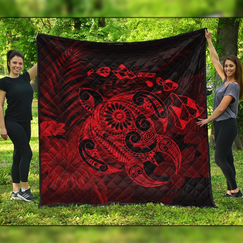 Hawaiian Map Turtle Tattoo Hibiscus Plumeria Polynesian Premium Quilts - Red - AH Black - Polynesian Pride