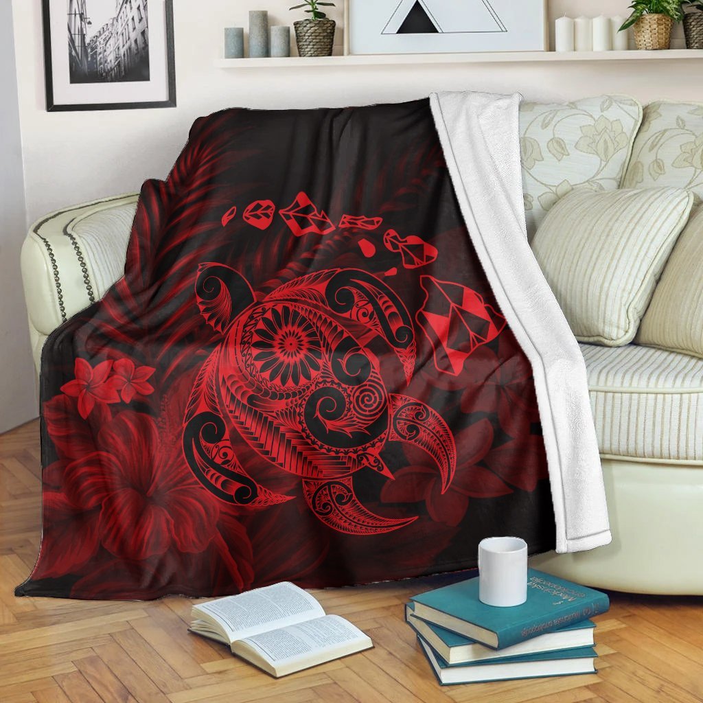 Hawaiian Map Turtle Tattoo Hibiscus Plumeria Polynesian Premium Blankets - Red - AH White - Polynesian Pride