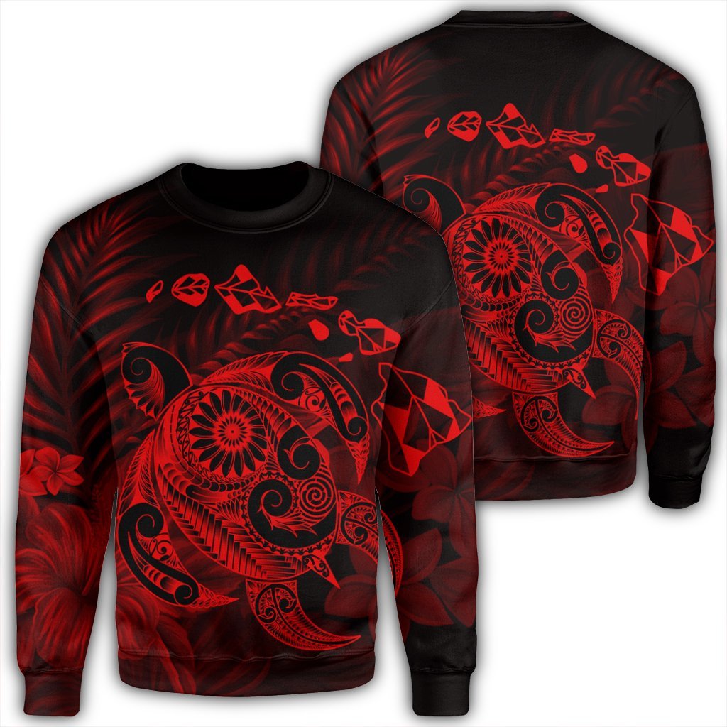 Hawaiian Map Turtle Tattoo Hibiscus Plumeria Polynesian Sweatshirt - Red - AH Unisex Black - Polynesian Pride