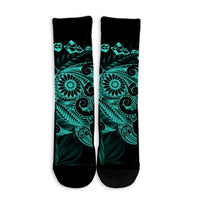 Hawaiian Map Turtle Tattoo Hibiscus Plumeria Polynesian Crew Socks - Turquoise - AH - Polynesian Pride