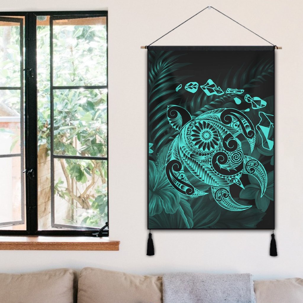 Hawaiian Map Turtle Tattoo Hibiscus Plumeria Polynesian Hanging Poster - Turquoise - AH - Polynesian Pride