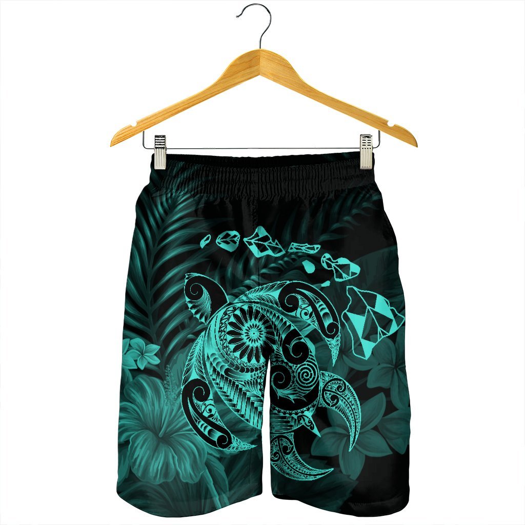 Hawaiian Map Turtle Tattoo Hibiscus Plumeria Polynesian Men's Shorts - Turquoise - AH - Polynesian Pride