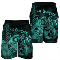 Hawaiian Map Turtle Tattoo Hibiscus Plumeria Polynesian Men's Shorts - Turquoise - AH - Polynesian Pride