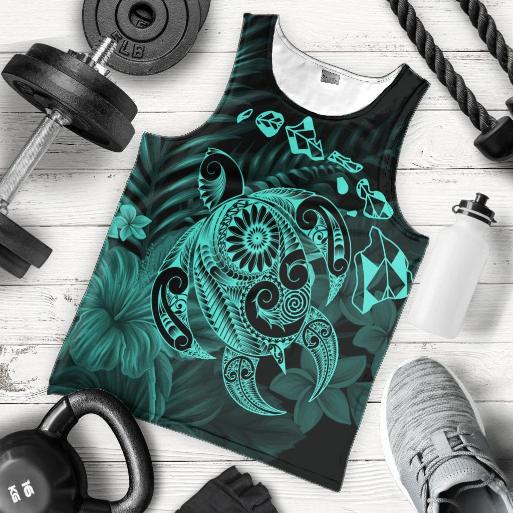 Hawaiian Map Turtle Tattoo Hibiscus Plumeria Polynesian Tank Top - Turquoise - AH - Polynesian Pride