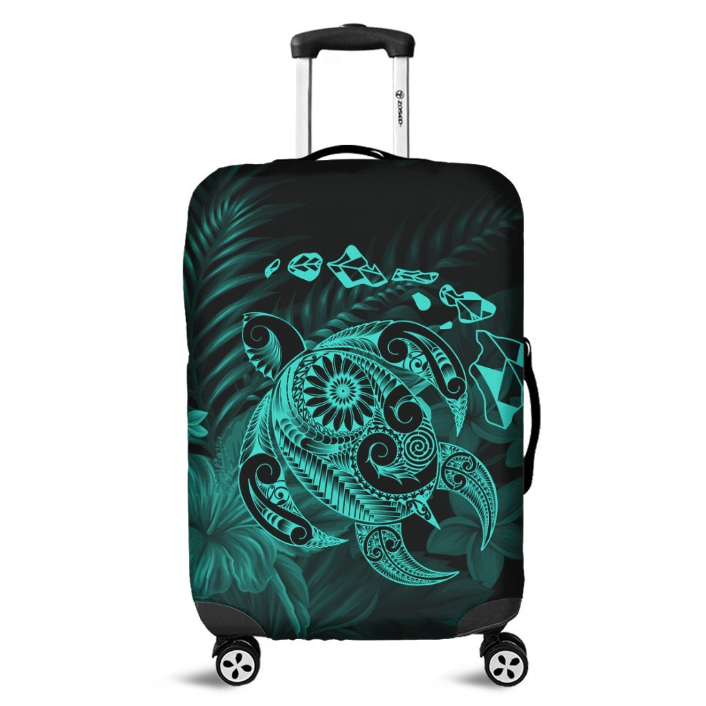 Hawaiian Map Turtle Tattoo Hibiscus Plumeria Polynesian Luggage Covers - Turquoise - AH Black - Polynesian Pride