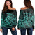 Hawaiian Map Turtle Tattoo Hibiscus Plumeria Polynesian Women's Off Shoulder Sweater - Turquoise - AH Black - Polynesian Pride