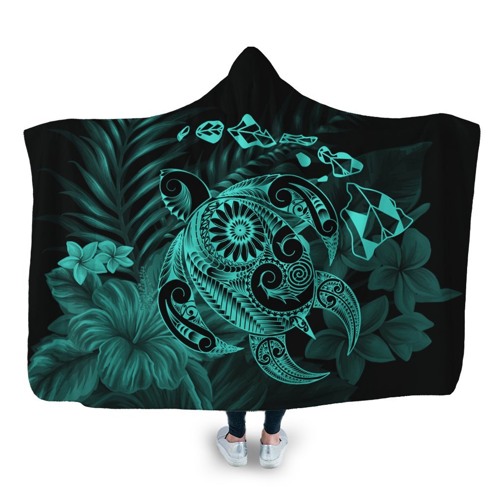 Hawaiian Map Turtle Tattoo Hibiscus Plumeria Polynesian Hooded Blanket - Turquoise - AH Hooded Blanket White - Polynesian Pride