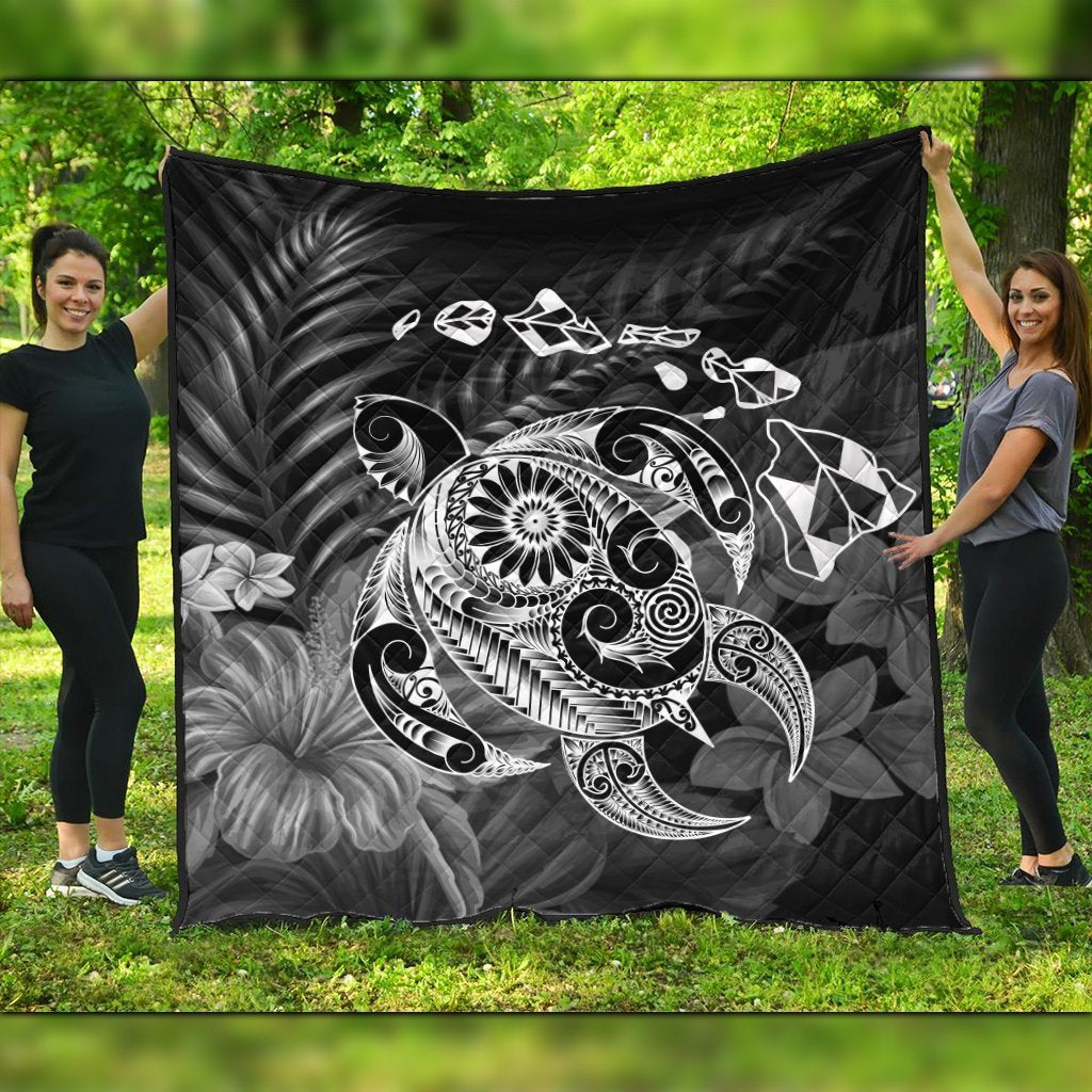 Hawaiian Map Turtle Tattoo Hibiscus Plumeria Polynesian Premium Quilts - White - AH Black - Polynesian Pride