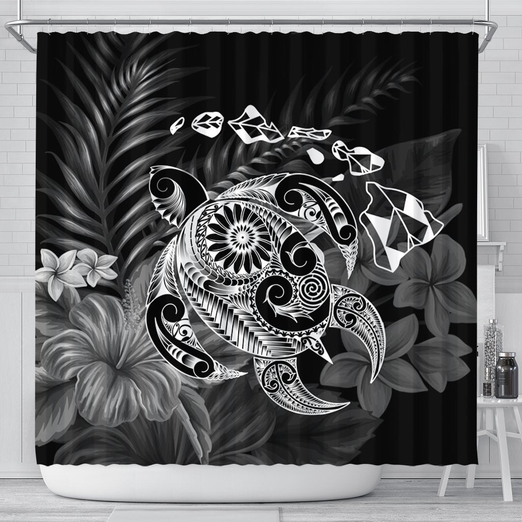 Hawaiian Map Turtle Tattoo Hibiscus Plumeria Polynesian Shower Curtain - White - AH 177 x 172 (cm) Black - Polynesian Pride