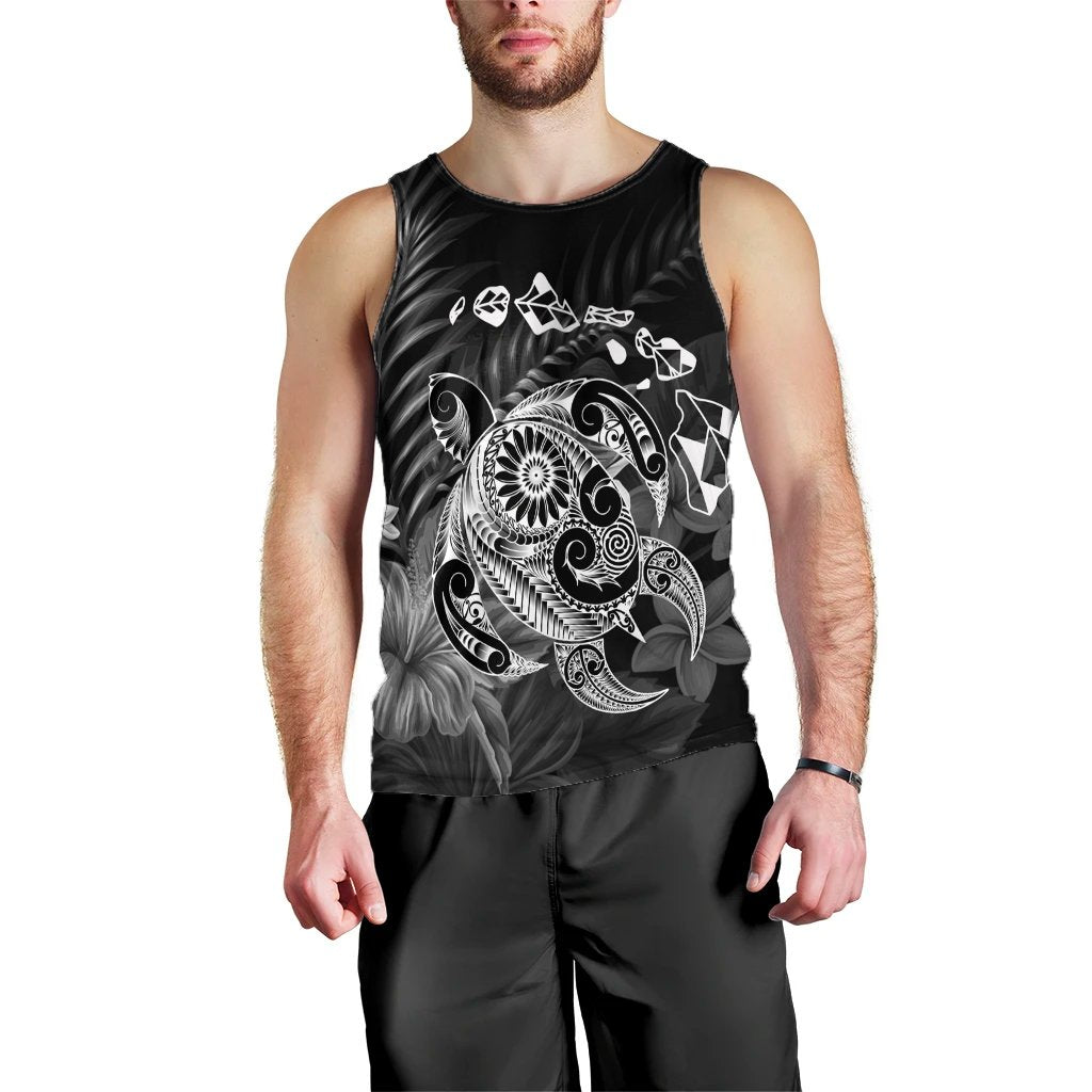Hawaiian Map Turtle Tattoo Hibiscus Plumeria Polynesian Tank Top - White - AH Black - Polynesian Pride
