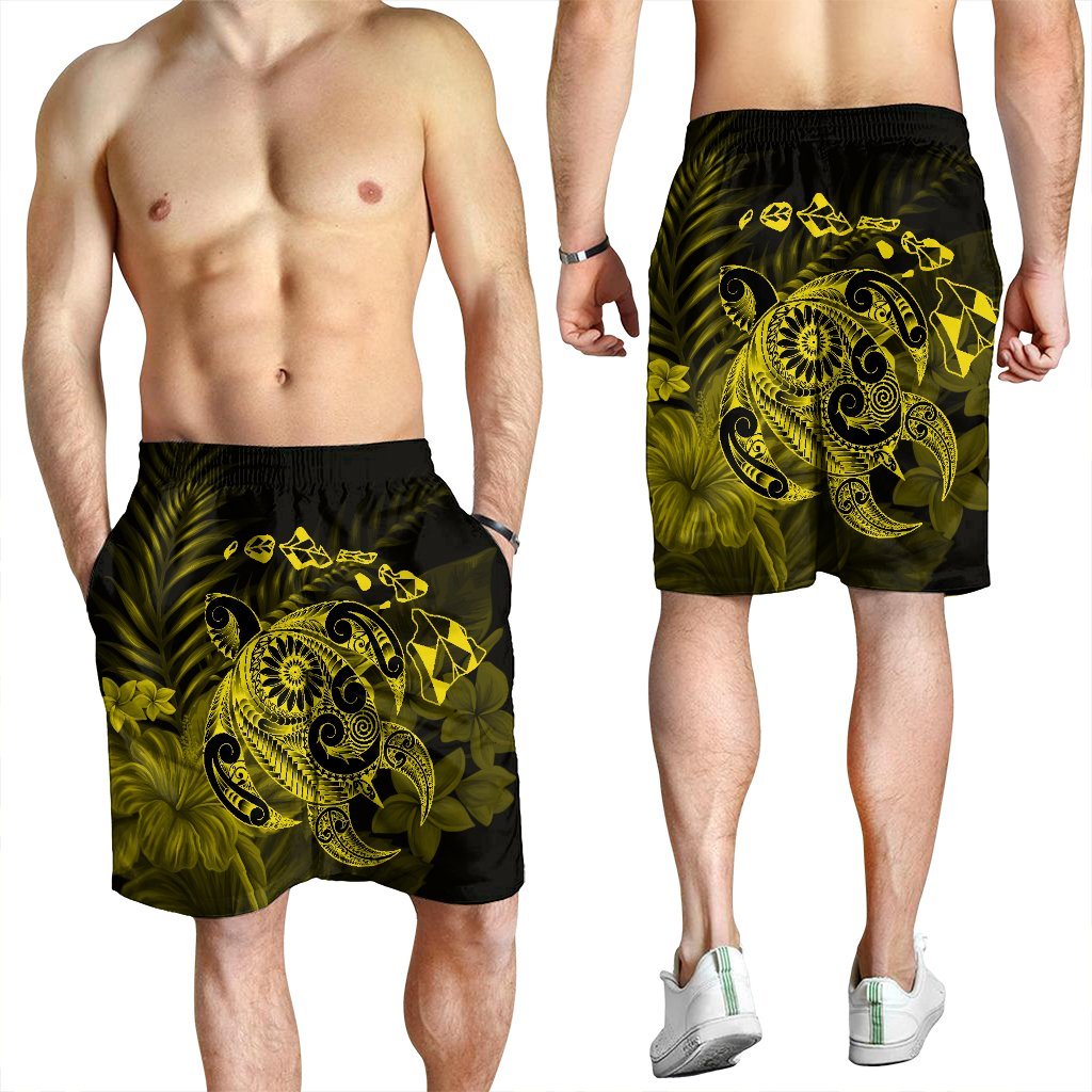 Hawaiian Map Turtle Tattoo Hibiscus Plumeria Polynesian Men's Shorts - Yellow - AH - Polynesian Pride