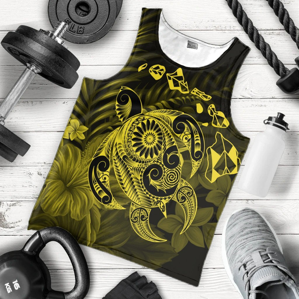 Hawaiian Map Turtle Tattoo Hibiscus Plumeria Polynesian Tank Top - Yellow - AH - Polynesian Pride
