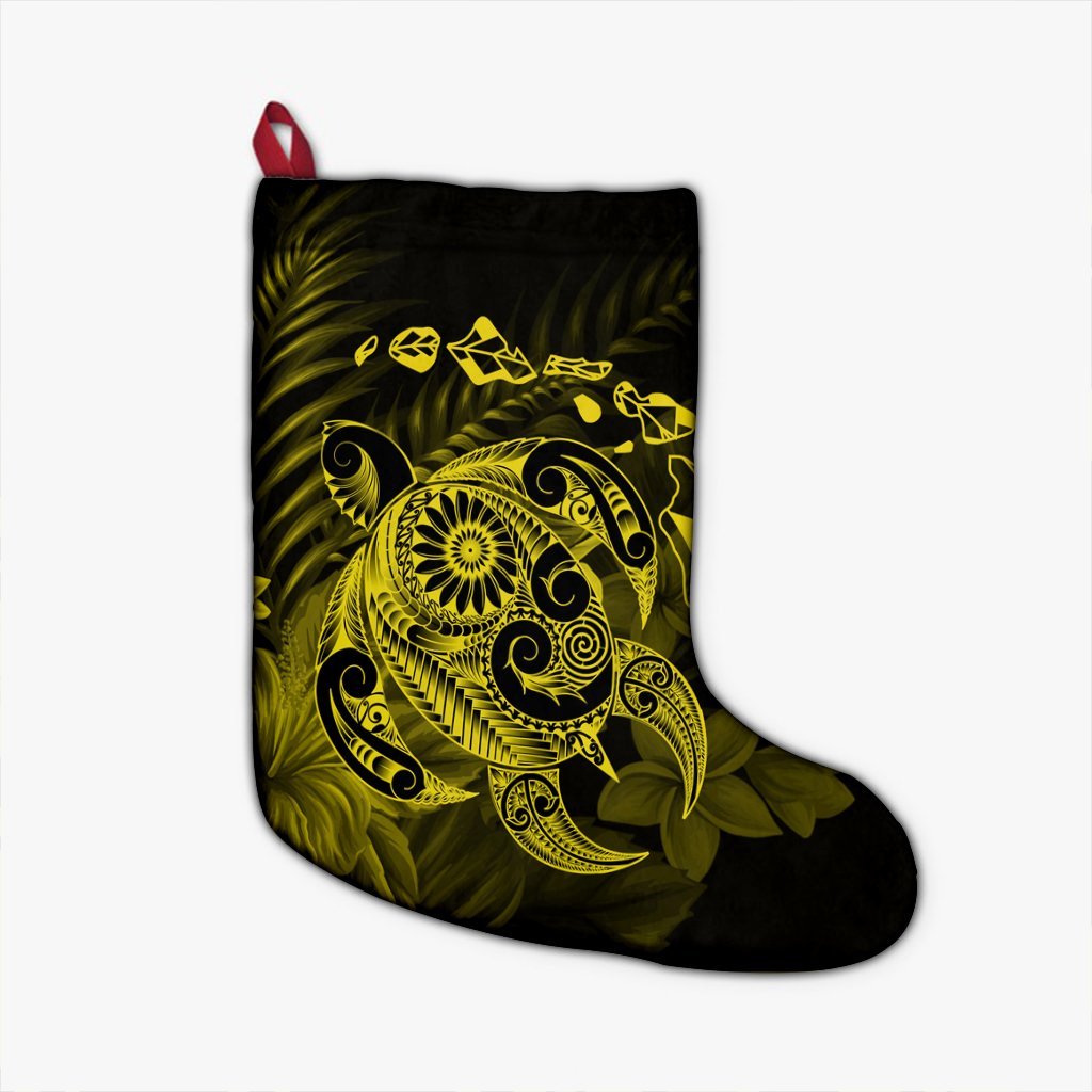 Hawaiian Map Turtle Tattoo Hibiscus Plumeria Polynesian Christmas Stocking - Yellow - AH Christmas Stocking 26 X 42 cm Black - Polynesian Pride