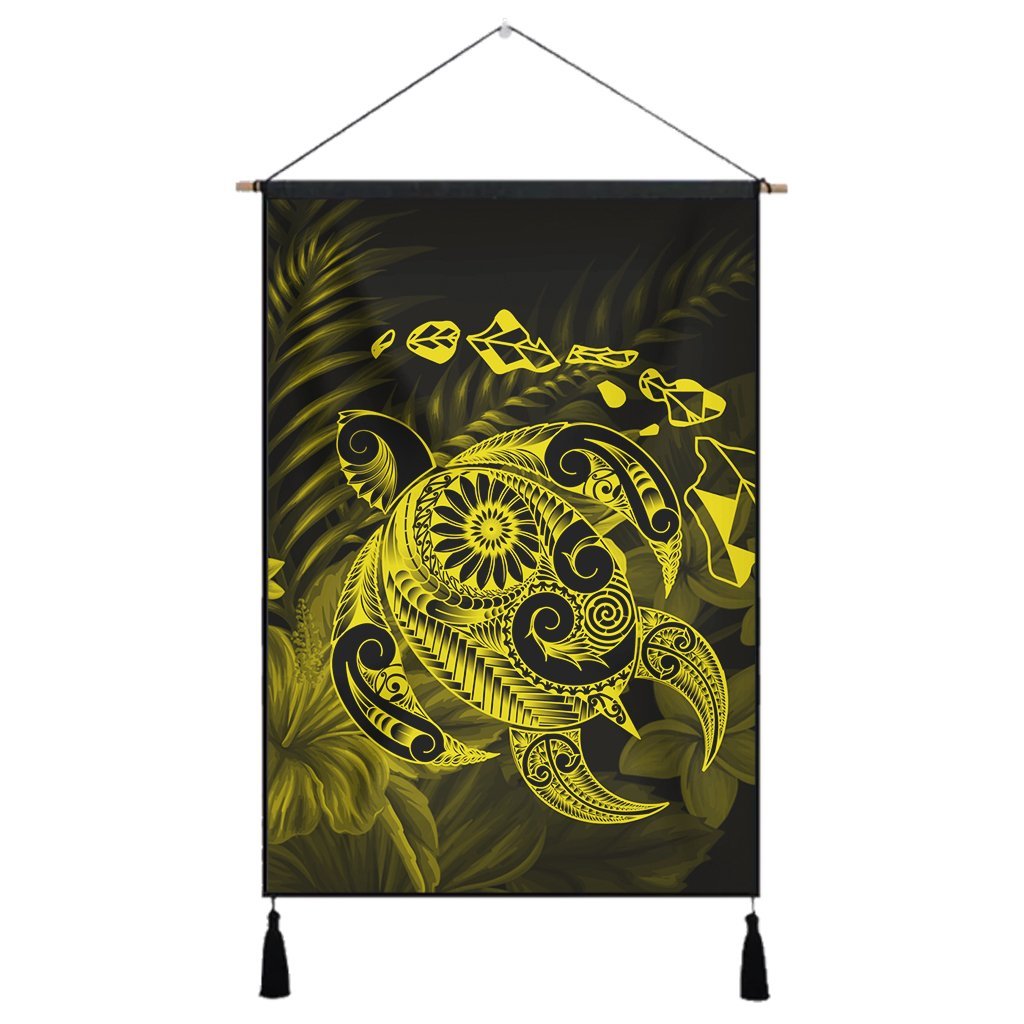 Hawaiian Map Turtle Tattoo Hibiscus Plumeria Polynesian Hanging Poster - Yellow - AH Hanging Poster Cotton And Linen - Polynesian Pride
