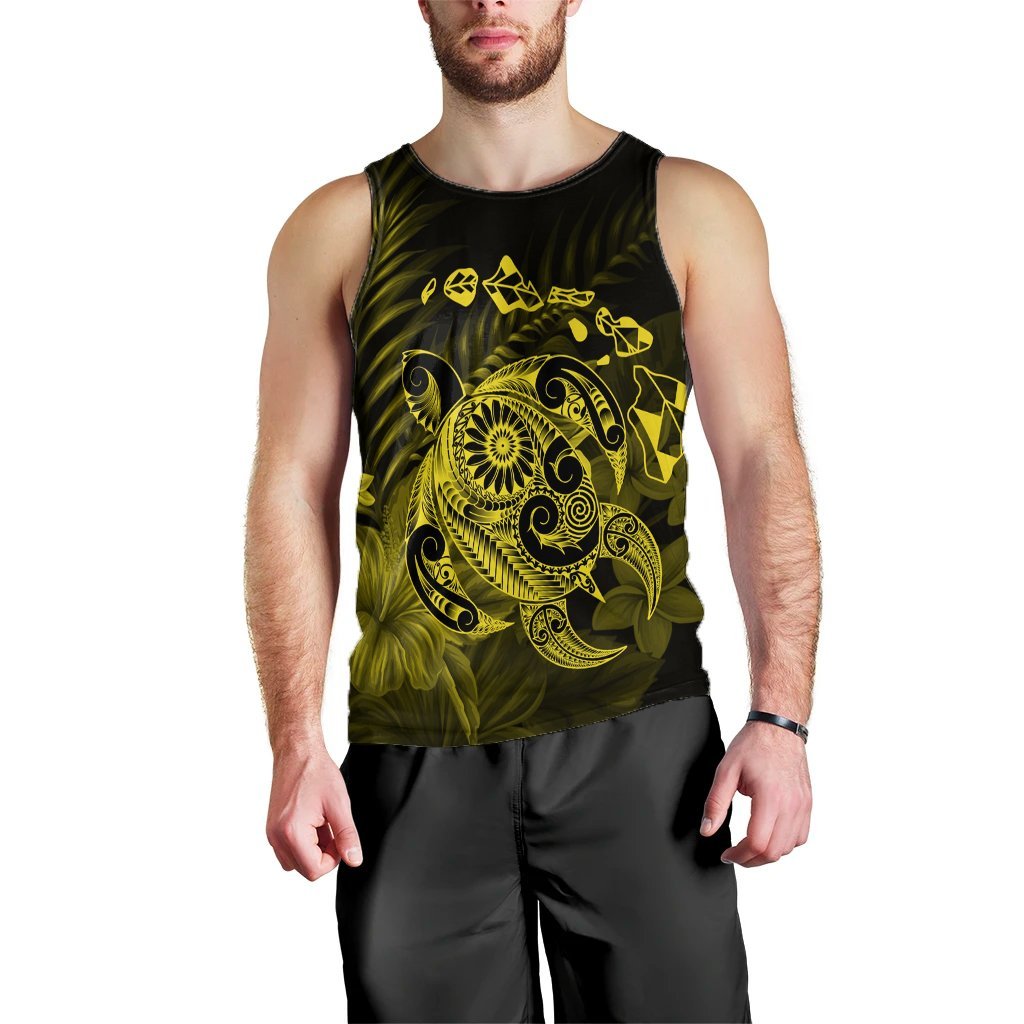 Hawaiian Map Turtle Tattoo Hibiscus Plumeria Polynesian Tank Top - Yellow - AH Black - Polynesian Pride
