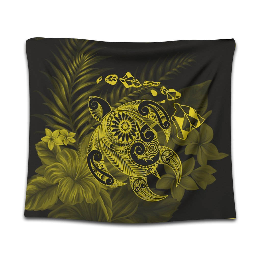 Hawaiian Map Turtle Tattoo Hibiscus Plumeria Polynesian Tapestry - Yellow - AH Wall Tapestry Black - Polynesian Pride