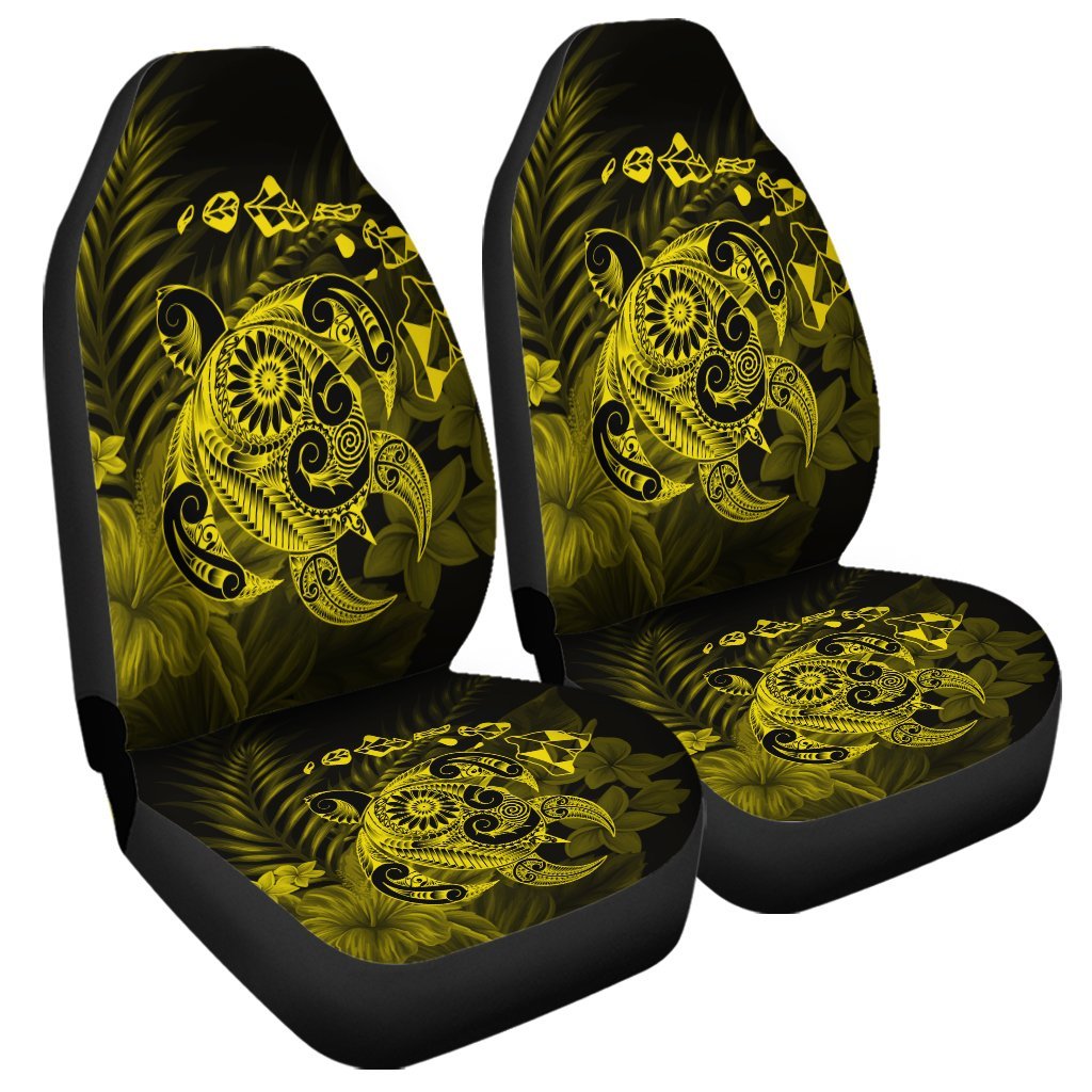 Hawaiian Map Turtle Tattoo Hibiscus Plumeria Polynesian Car Seat Covers - Yellow - AH Universal Fit Black - Polynesian Pride