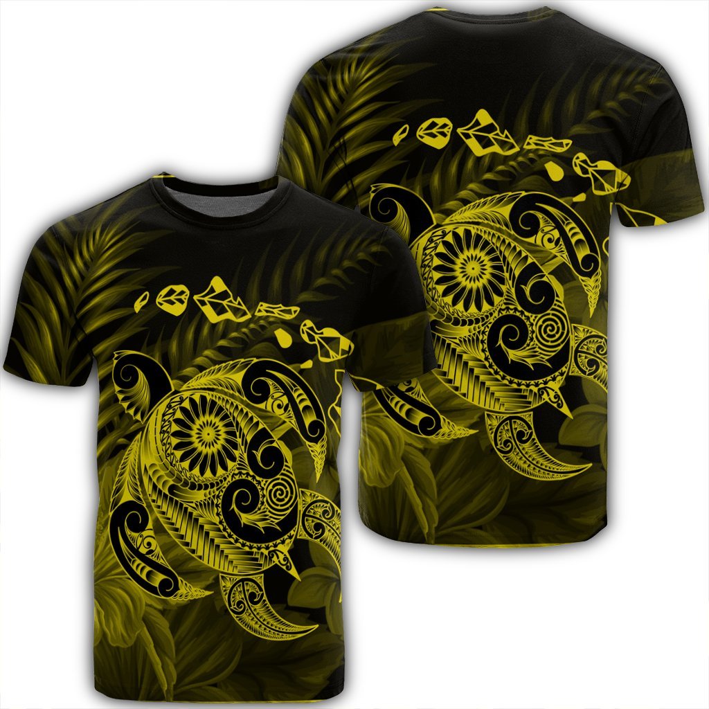 Hawaiian Map Turtle Tattoo Hibiscus Plumeria Polynesian T Shirt Yellow AH Unisex Black - Polynesian Pride