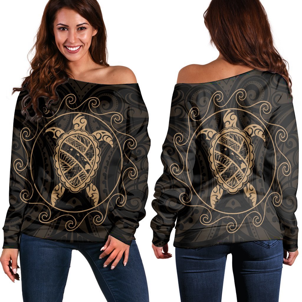 Hawaiian Map Turtle Wave Polynesian Women's Off Shoulder Sweater Gold - AH Black - Polynesian Pride