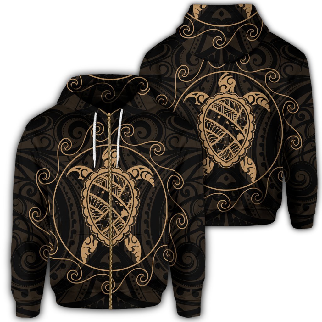 Hawaiian Map Turtle Wave Polynesian Zip Hoodie Gold Unisex Art - Polynesian Pride