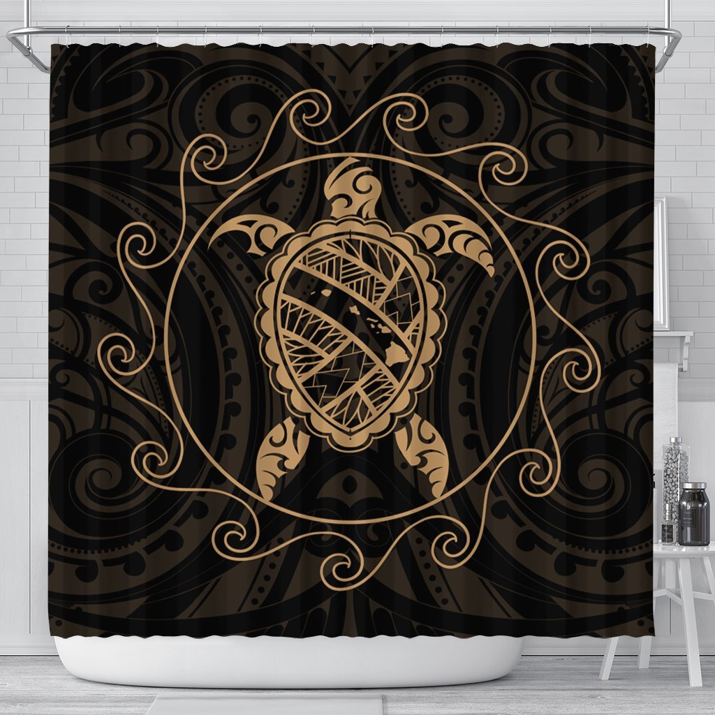 Hawaiian Map Turtle Wave Polynesian Shower Curtain Gold - AH 177 x 172 (cm) Black - Polynesian Pride