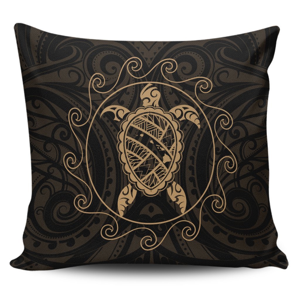 Hawaiian Map Turtle Wave Polynesian Pillow Covers Gold - AH Pillow Covers Black - Polynesian Pride