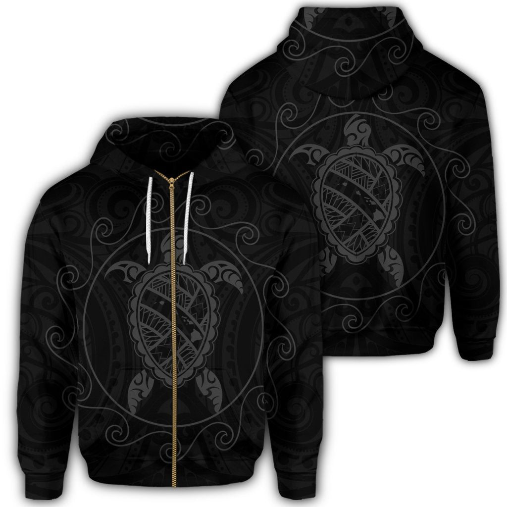 Hawaiian Map Turtle Wave Polynesian Zip Hoodie Gray Unisex Art - Polynesian Pride