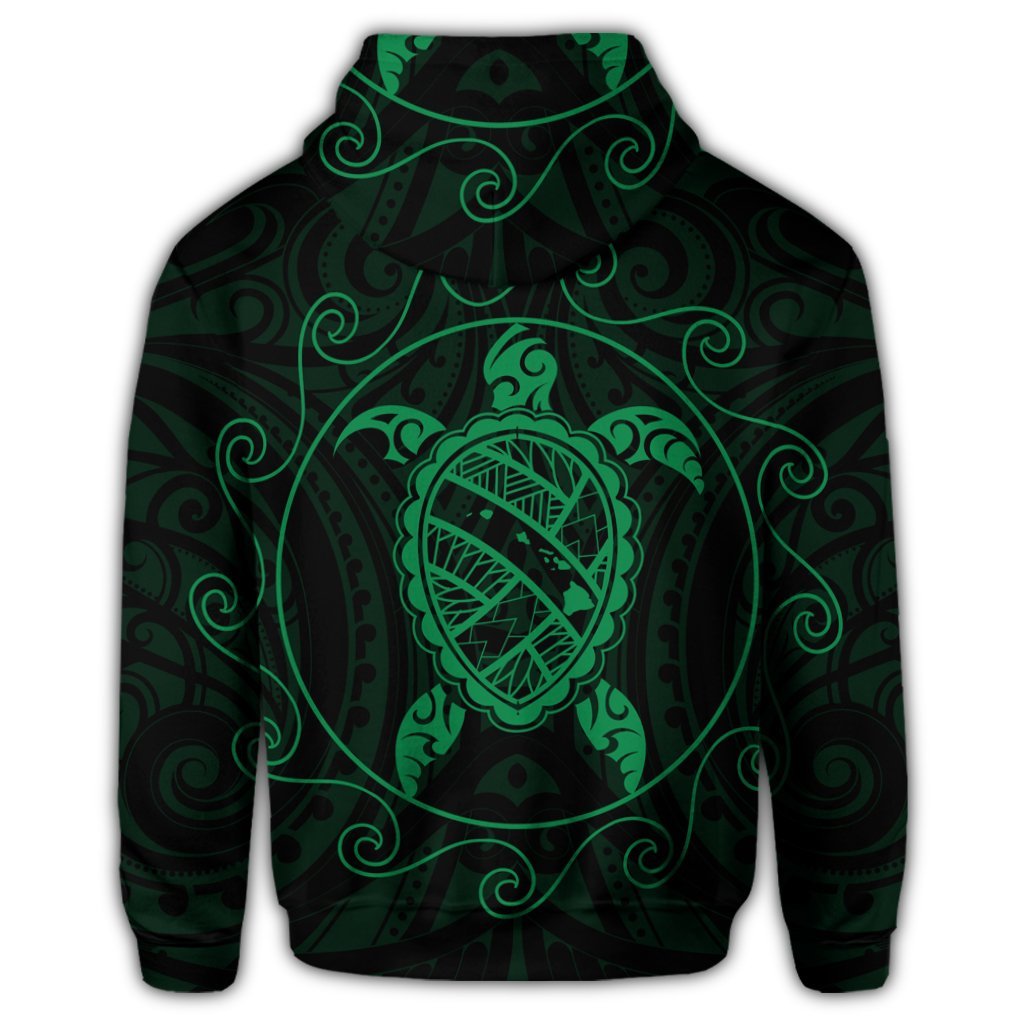 Hawaiian Map Turtle Wave Polynesian Zip Hoodie Green - Polynesian Pride