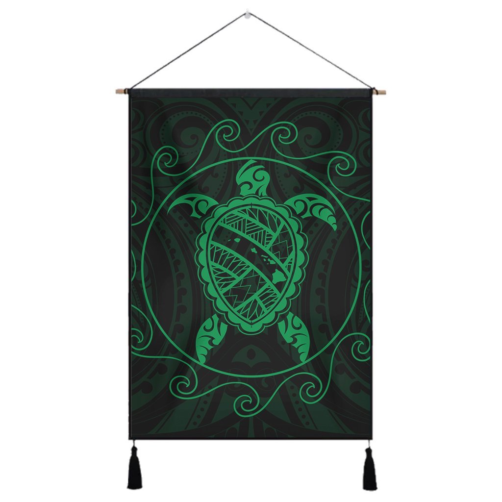 Hawaiian Map Turtle Wave Polynesian Hanging Poster Green - AH Hanging Poster Cotton And Linen - Polynesian Pride