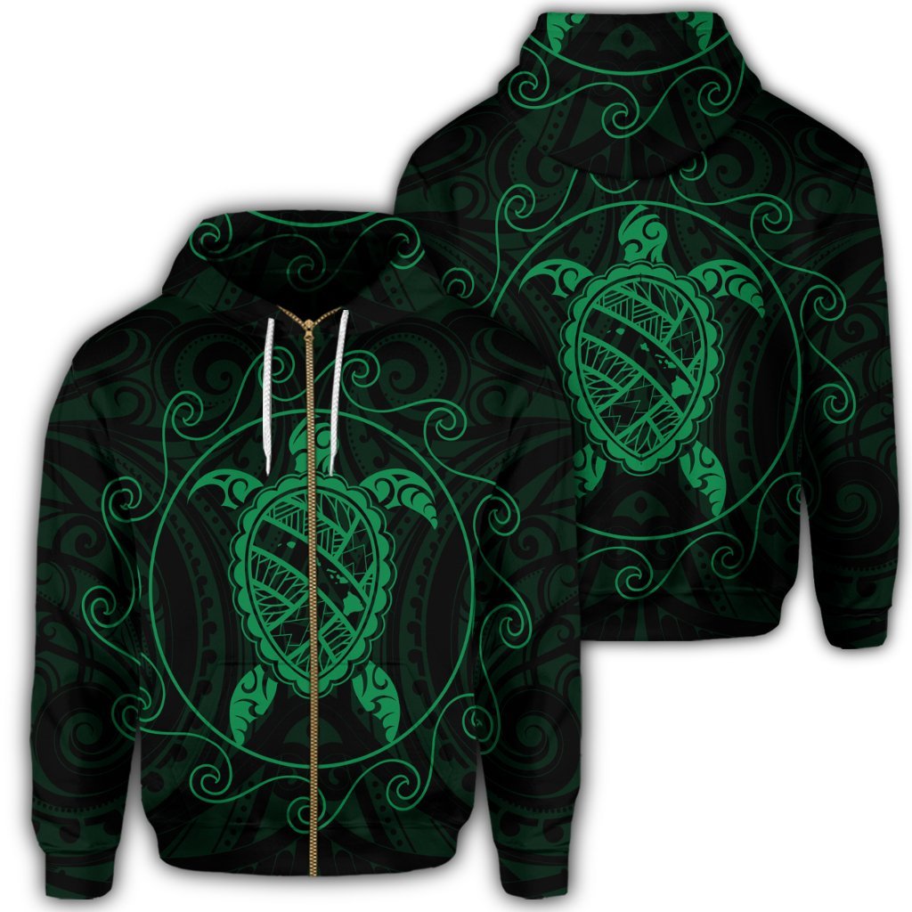 Hawaiian Map Turtle Wave Polynesian Zip Hoodie Green Unisex Art - Polynesian Pride