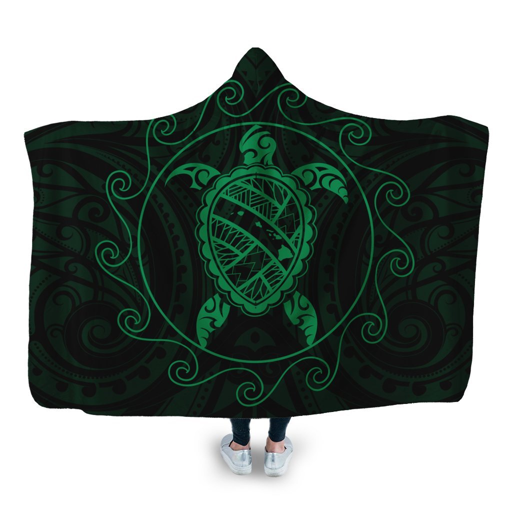 Hawaiian Map Turtle Wave Polynesian Hooded Blanket Green - AH Hooded Blanket White - Polynesian Pride