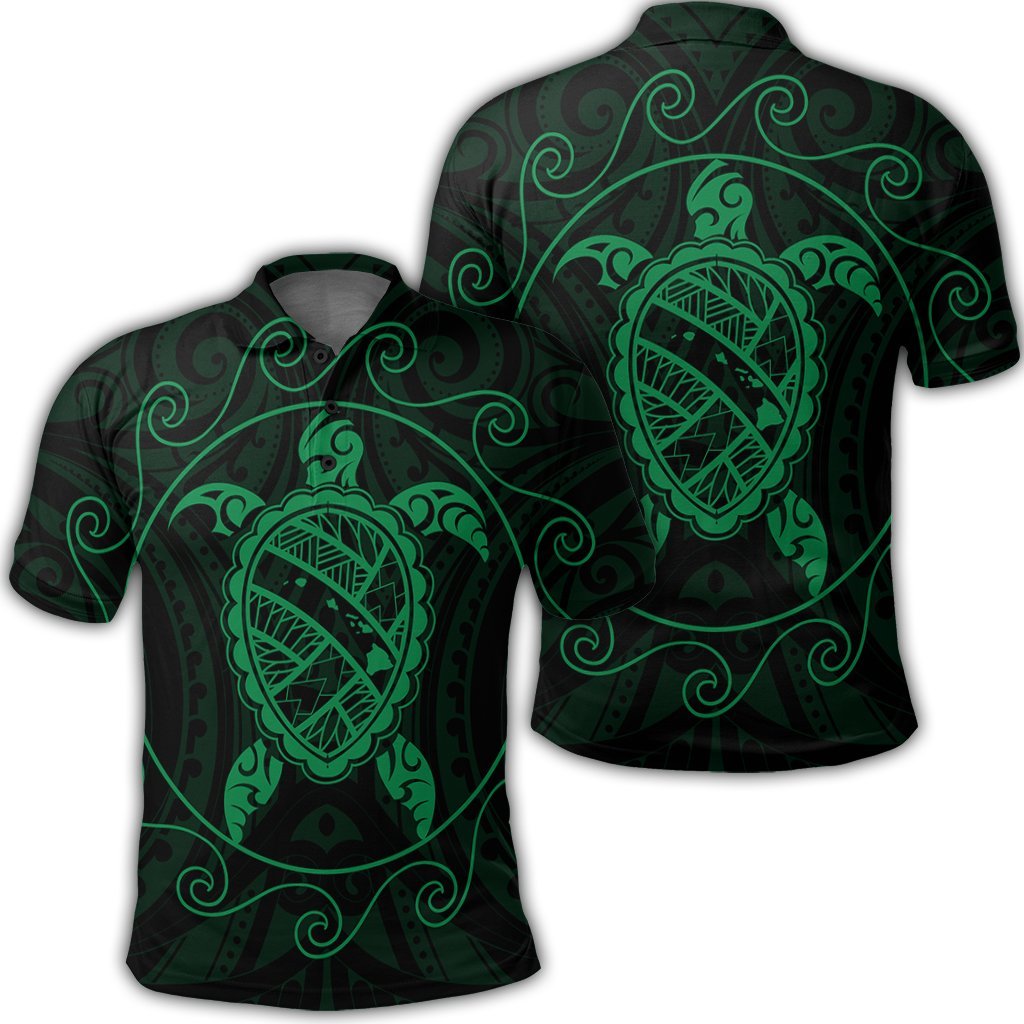 Hawaiian Map Turtle Wave Polynesian Polo Shirt Green Unisex Black - Polynesian Pride