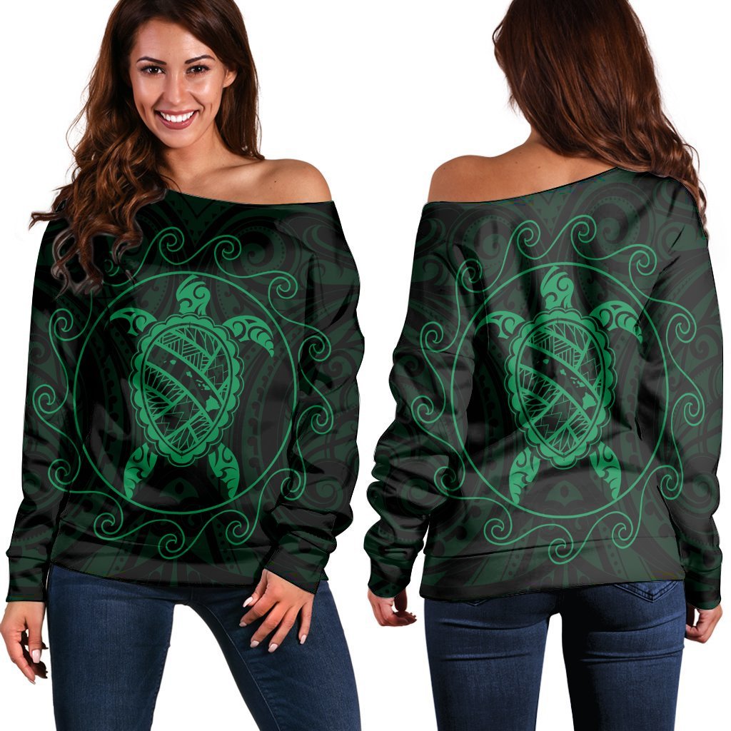 Hawaiian Map Turtle Wave Polynesian Women's Off Shoulder Sweater Green - AH Black - Polynesian Pride