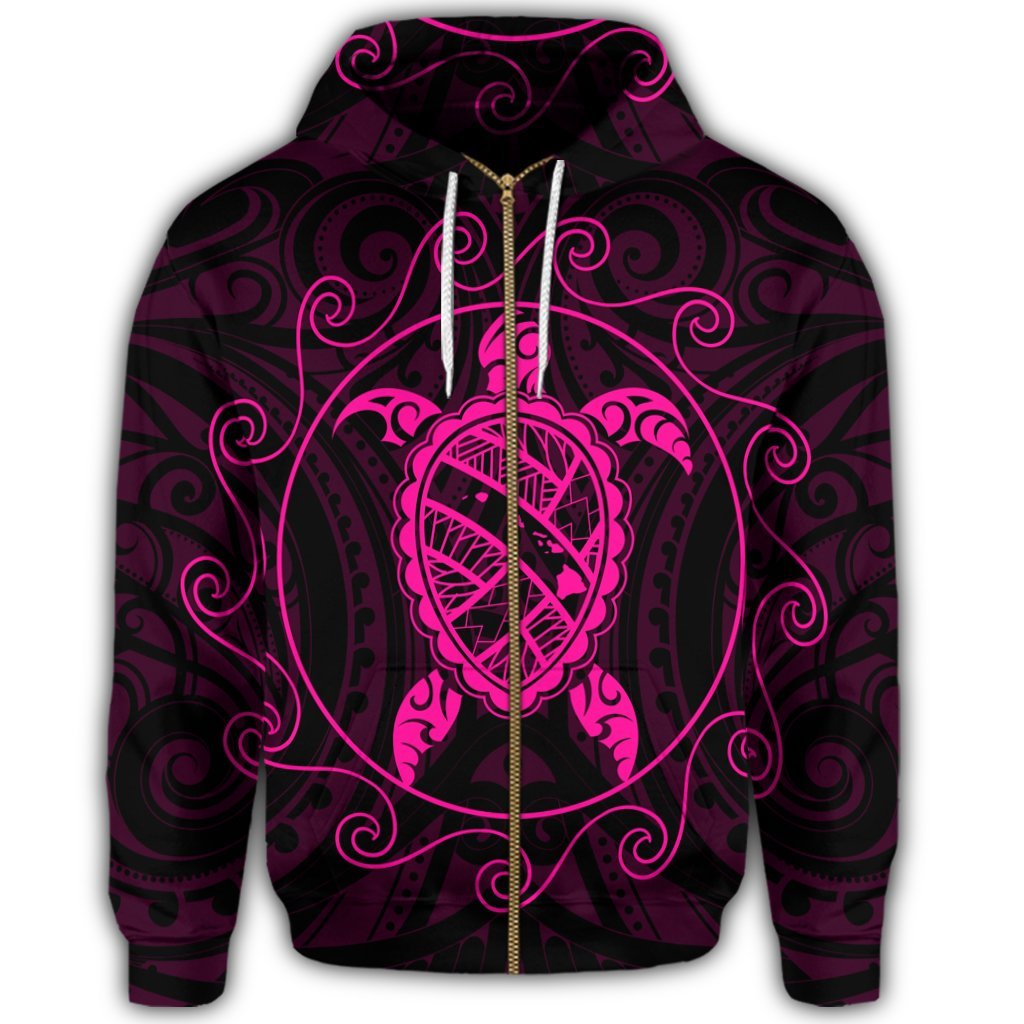 Hawaiian Map Turtle Wave Polynesian Zip Hoodie Pink - Polynesian Pride