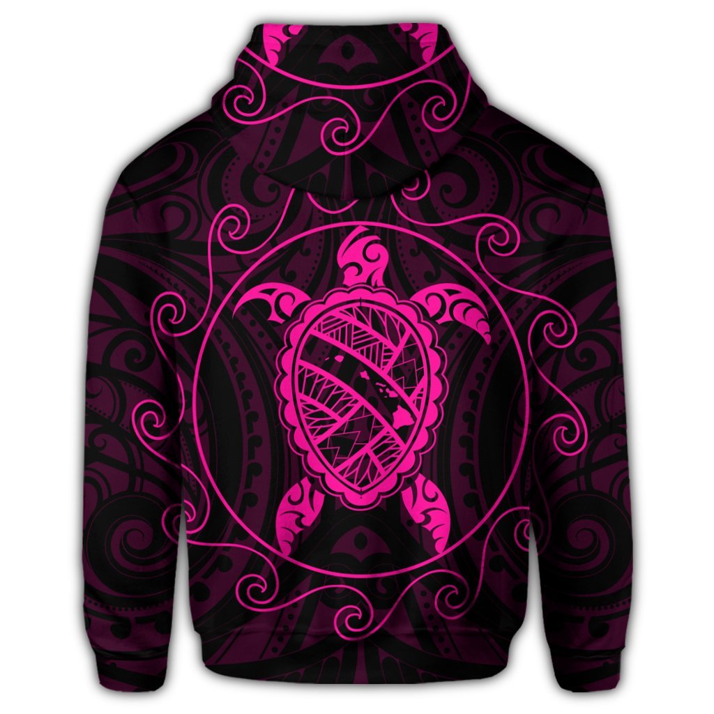 Hawaiian Map Turtle Wave Polynesian Zip Hoodie Pink - Polynesian Pride