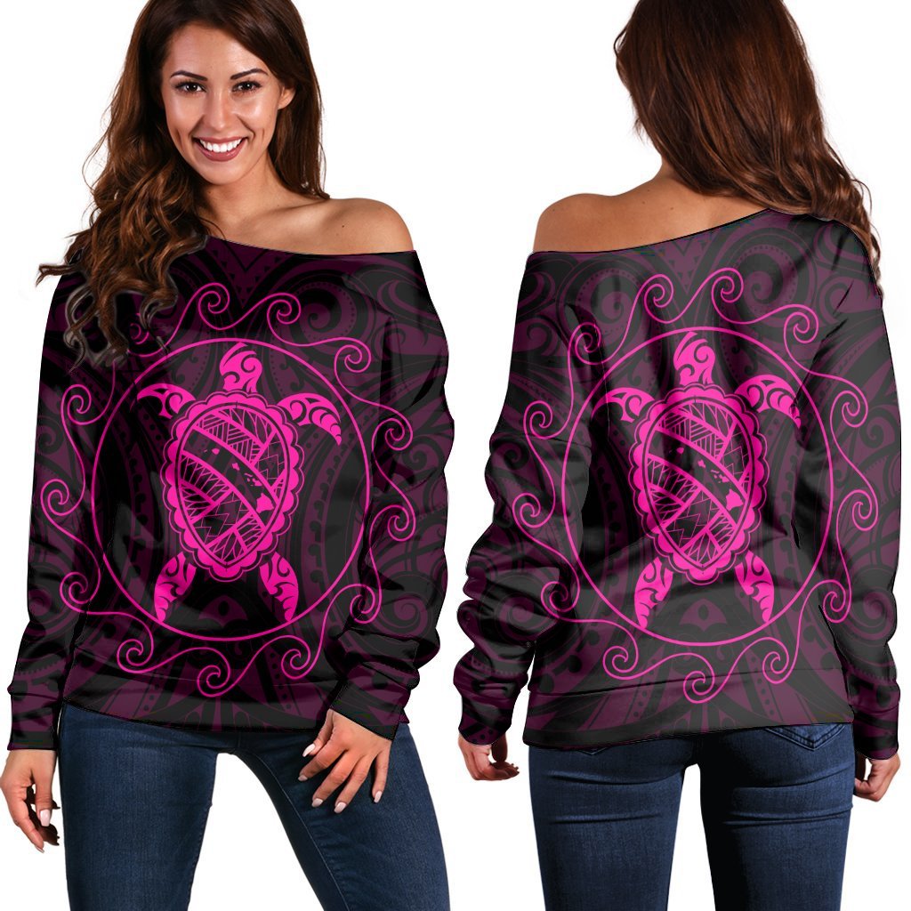 Hawaiian Map Turtle Wave Polynesian Women's Off Shoulder Sweater Pink - AH Black - Polynesian Pride